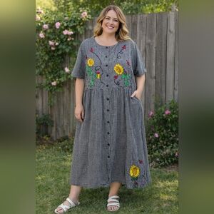 Anna Maxwell Gingham Embroidered Button Front Midi Dress 2X